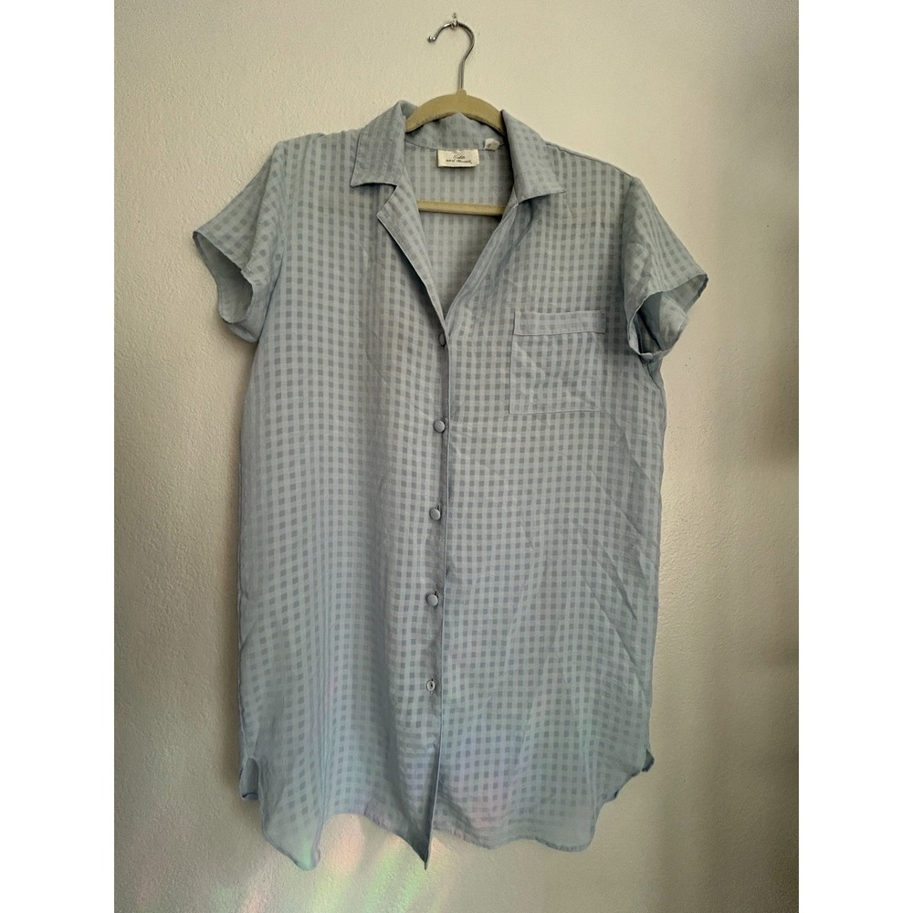 Satin and Beaux Womens M Blue Check Short Sleeve Collared Button-Up Blouse PJ's